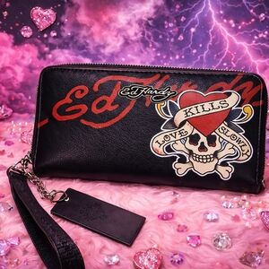 Ed Hardy “Love Kills Slowly” Skull Zip Wristlet Wallet – Y2K Icon